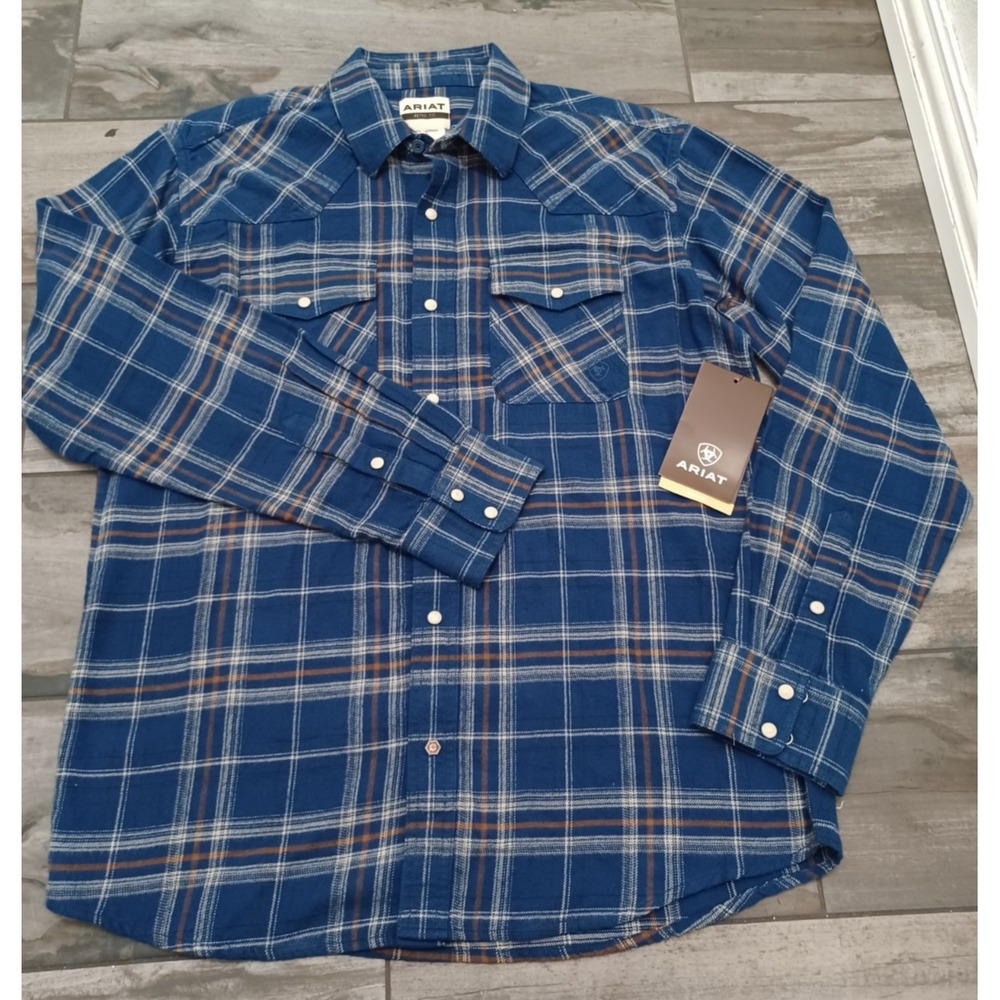 Ariat Shirt Mens Small Blue Plaid Flannel Pearl Snap Retro Fit Western Sz L